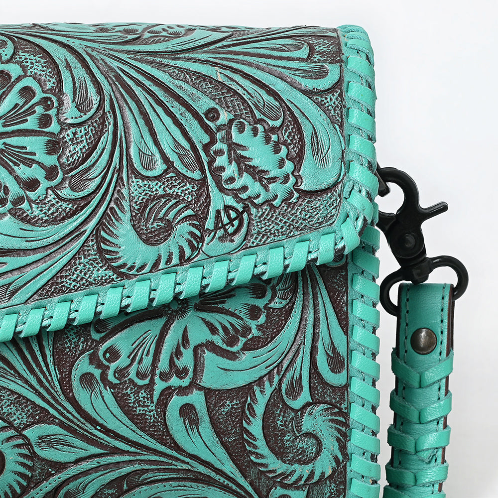 ADBGZ752 Natural Hand Tooled Leather Wallet Bag - Western Floral Whipstitch Purse