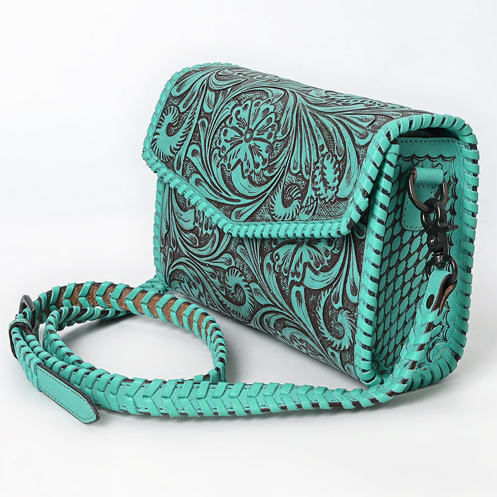 ADBGZ752 Natural Hand Tooled Leather Wallet Bag - Western Floral Whipstitch Purse