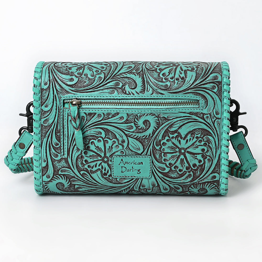 ADBGZ752 Natural Hand Tooled Leather Wallet Bag - Western Floral Whipstitch Purse