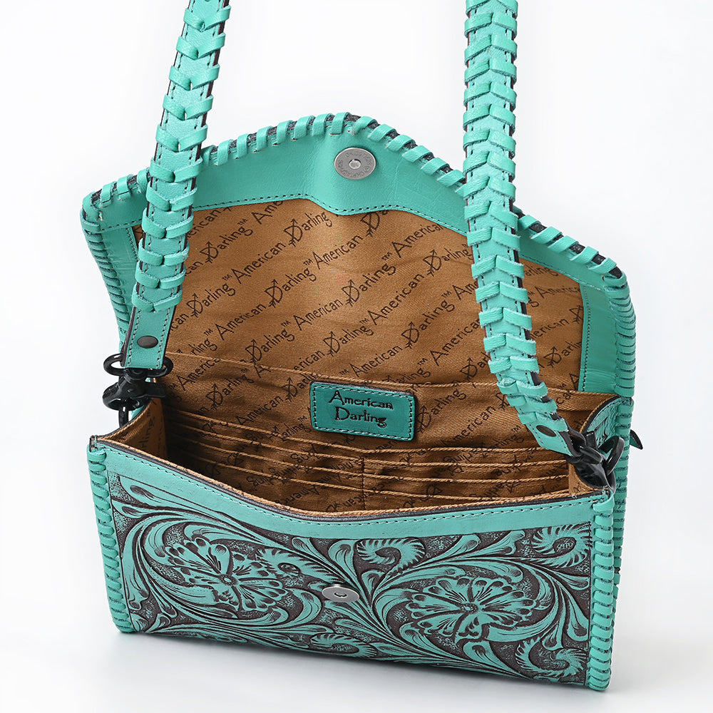 ADBGZ752 Natural Hand Tooled Leather Wallet Bag - Western Floral Whipstitch Purse