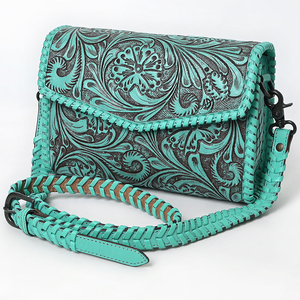 ADBGZ752 Natural Hand Tooled Leather Wallet Bag - Western Floral Whipstitch Purse