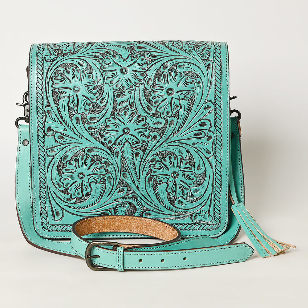 ADBGZ753 Square Hand Tooled Leather Crossbody Bag - Western Floral White Whipstitch Trim