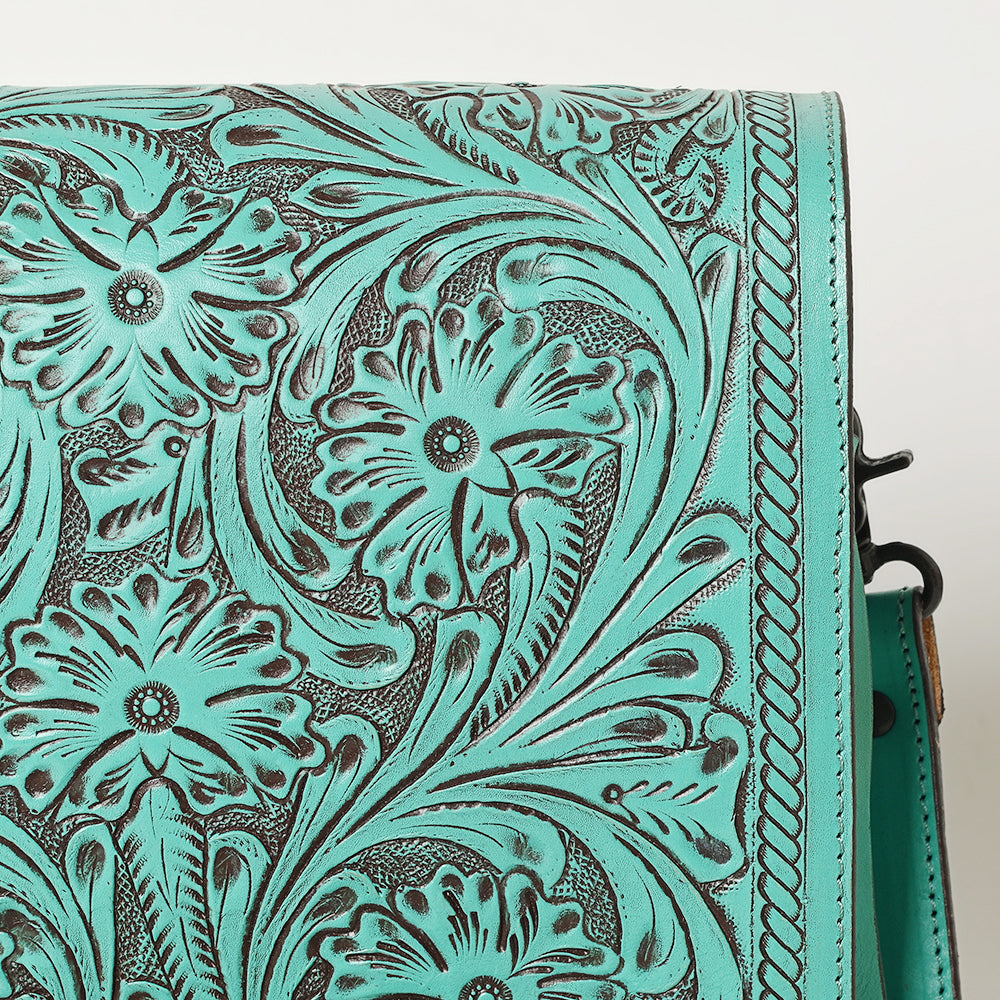 ADBGZ753 Square Hand Tooled Leather Crossbody Bag - Western Floral White Whipstitch Trim