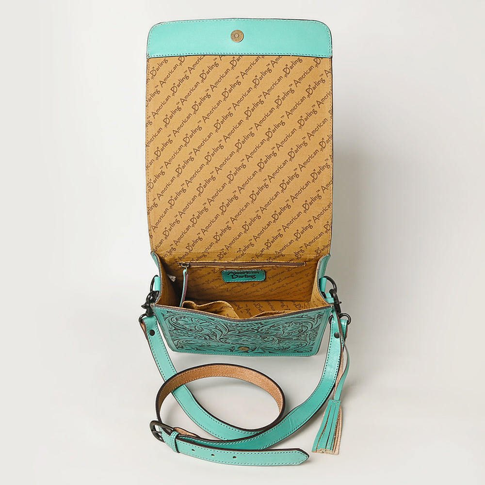 ADBGZ753 Square Hand Tooled Leather Crossbody Bag - Western Floral White Whipstitch Trim