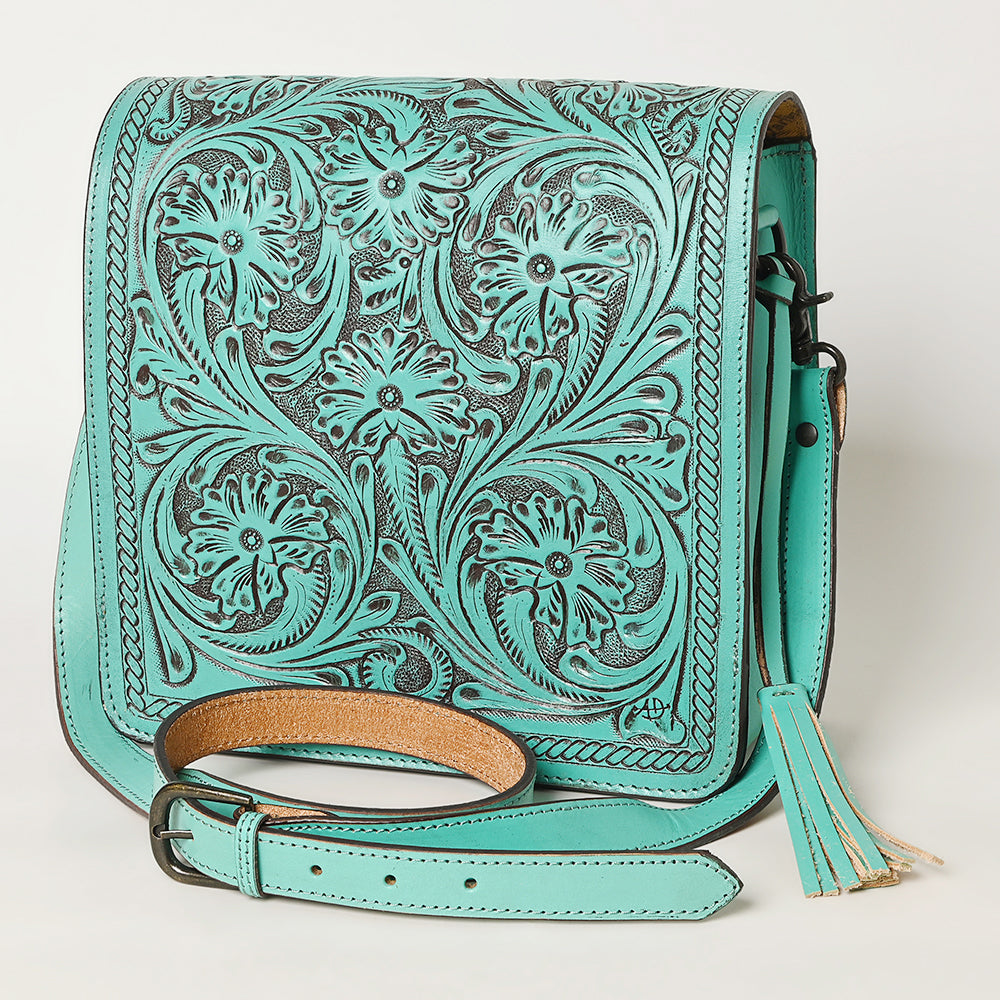 ADBGZ753 Square Hand Tooled Leather Crossbody Bag - Western Floral White Whipstitch Trim