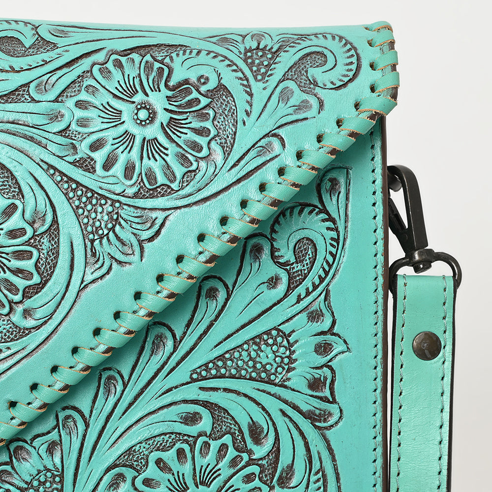 ADBGZ754 Envelope Hand Tooled Leather Wallet Bag - Western Floral Whipstitch Purse