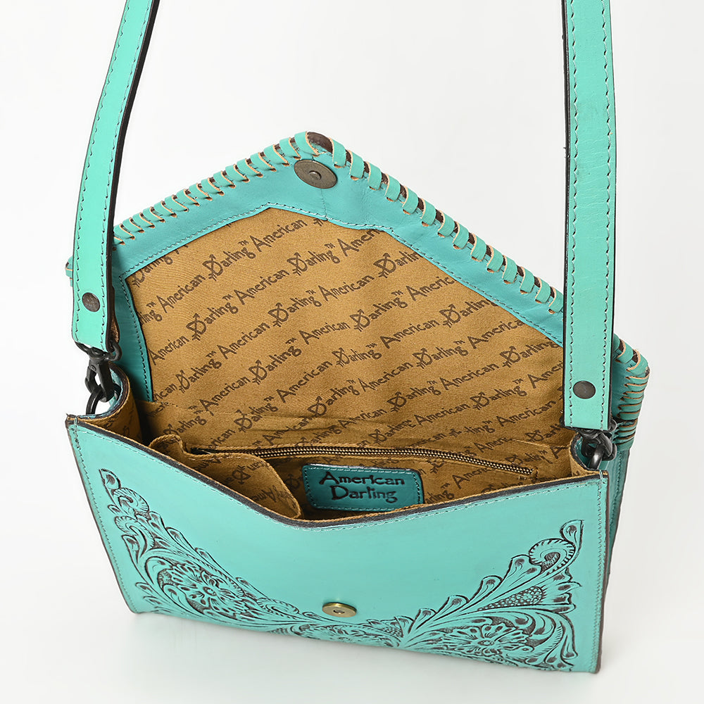 ADBGZ754 Envelope Hand Tooled Leather Wallet Bag - Western Floral Whipstitch Purse