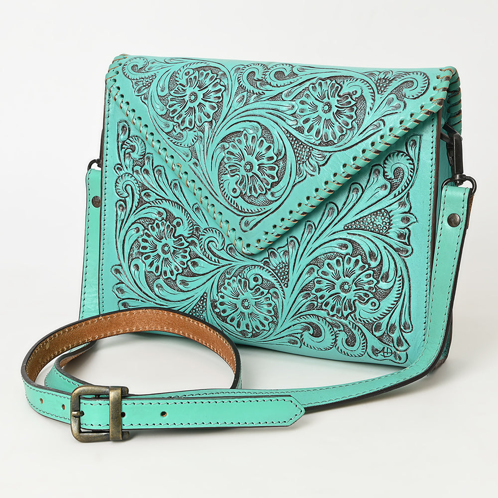 ADBGZ754 Envelope Hand Tooled Leather Wallet Bag - Western Floral Whipstitch Purse