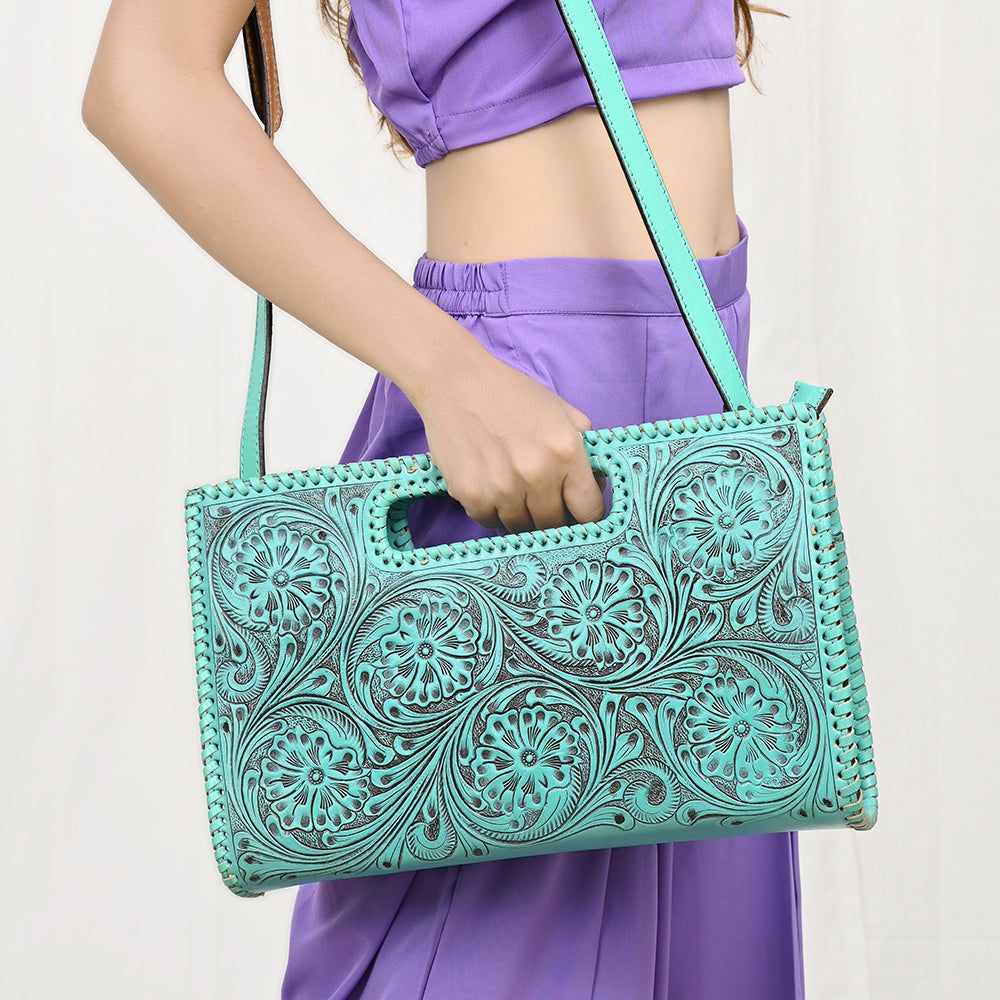 ADBGZ755 Hand Tooled Leather Clutch Wallet - Western Floral Cutout Handle Purse