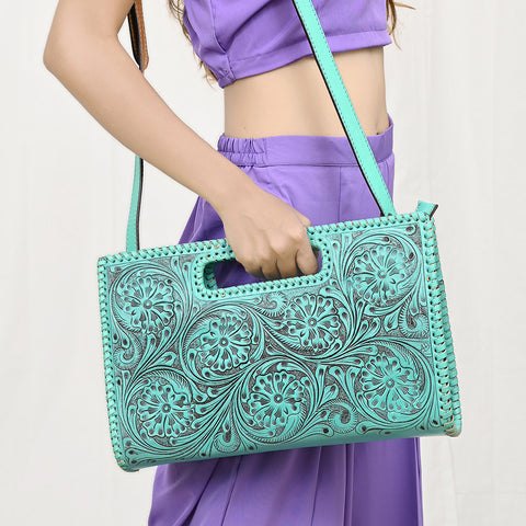 ADBGZ755 Hand Tooled Leather Clutch Wallet - Western Floral Cutout Handle Purse