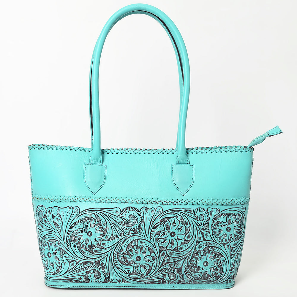 ADBGZ756 Tall Hand Tooled Leather Tote Bag - Western Floral Half-Tooled Cowgirl Purse