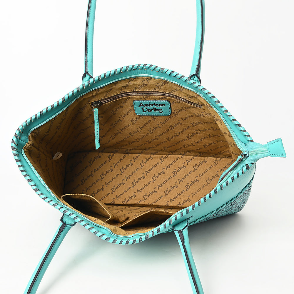 ADBGZ756 Tall Hand Tooled Leather Tote Bag - Western Floral Half-Tooled Cowgirl Purse