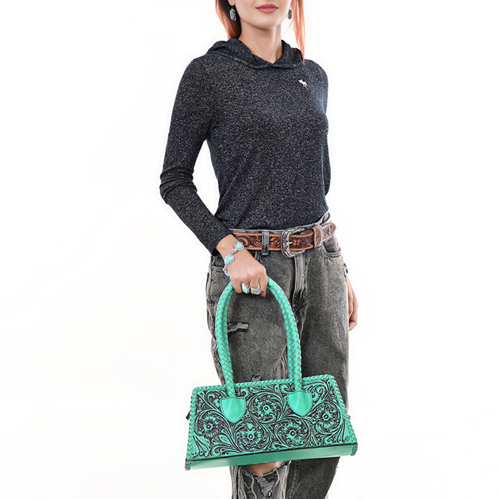 ADBGZ764 Trapezoid Western Satchel - Hand Tooled Leather Clutch Bag