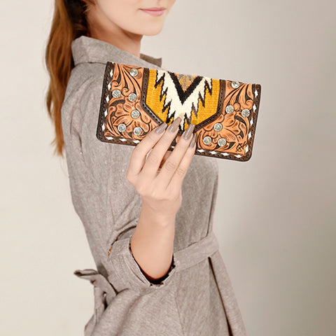American Darling Hand-Tooled Leather Western Wallet Bag with Woven Saddle Blanket