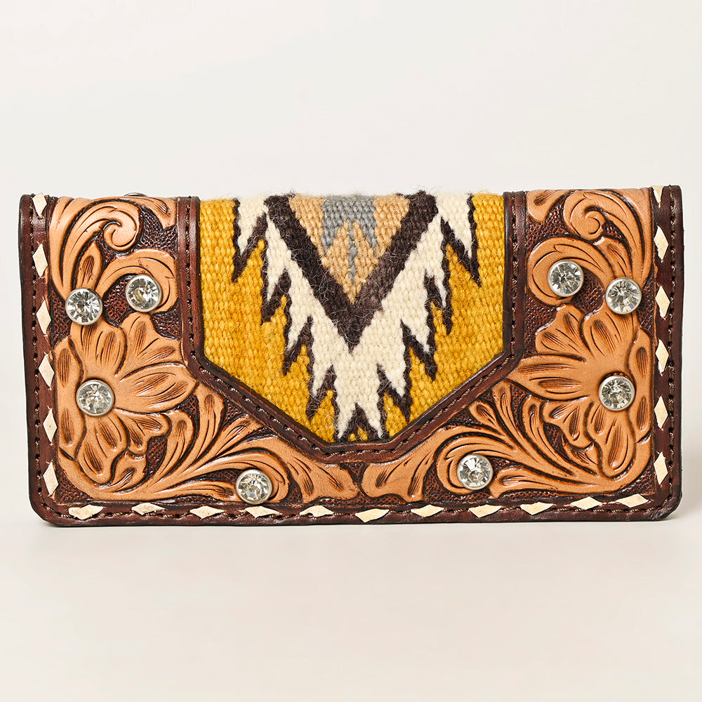 American Darling Hand-Tooled Leather Western Wallet Bag with Woven Saddle Blanket