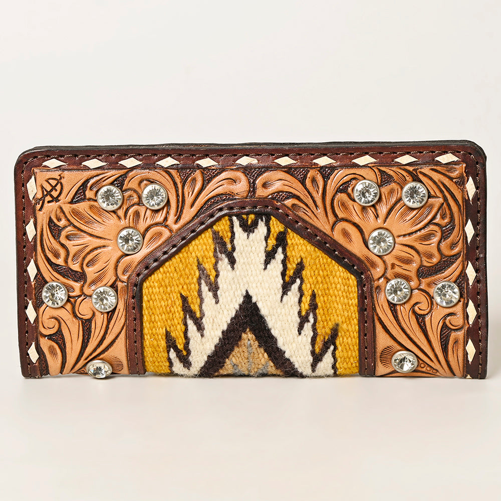 American Darling Hand-Tooled Leather Western Wallet Bag with Woven Saddle Blanket