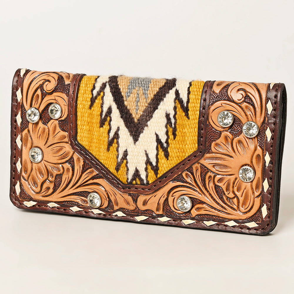 American Darling Hand-Tooled Leather Western Wallet Bag with Woven Saddle Blanket