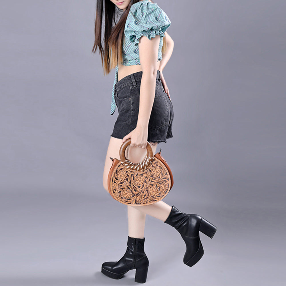 ADBG1227 Clutch Genuine Western Leather Handbag – Genuine Hand Tooled Floral with Round Wooden Handle Women Bag