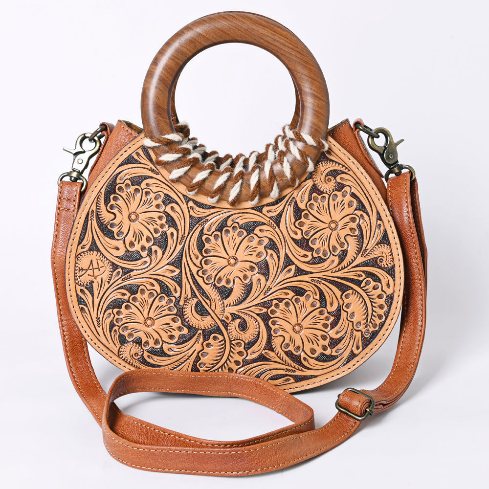 ADBG1227 Clutch Genuine Western Leather Handbag – Genuine Hand Tooled Floral with Round Wooden Handle Women Bag