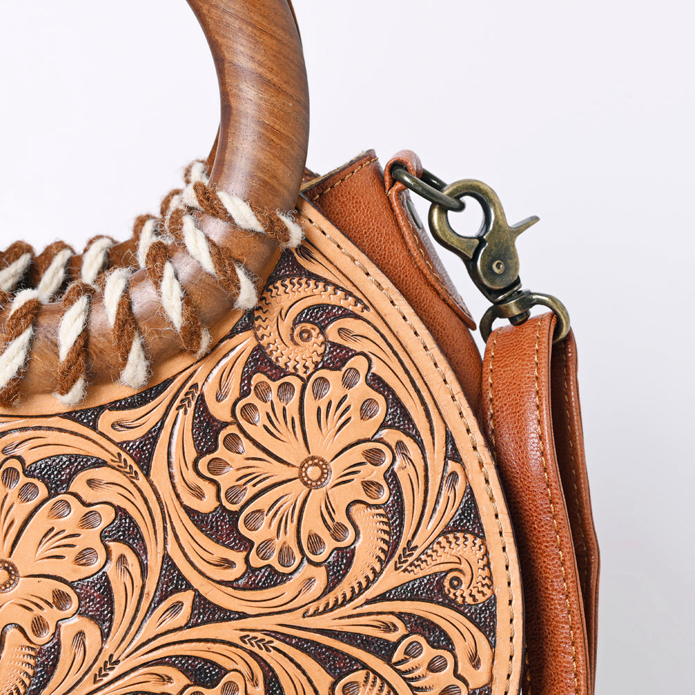 ADBG1227 Clutch Genuine Western Leather Handbag – Genuine Hand Tooled Floral with Round Wooden Handle Women Bag
