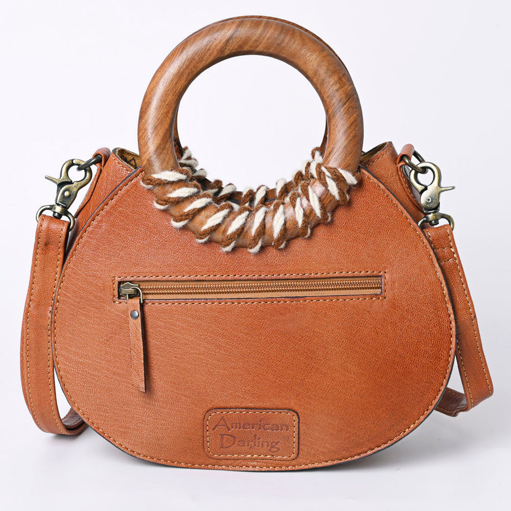 ADBG1227 Clutch Genuine Western Leather Handbag – Genuine Hand Tooled Floral with Round Wooden Handle Women Bag