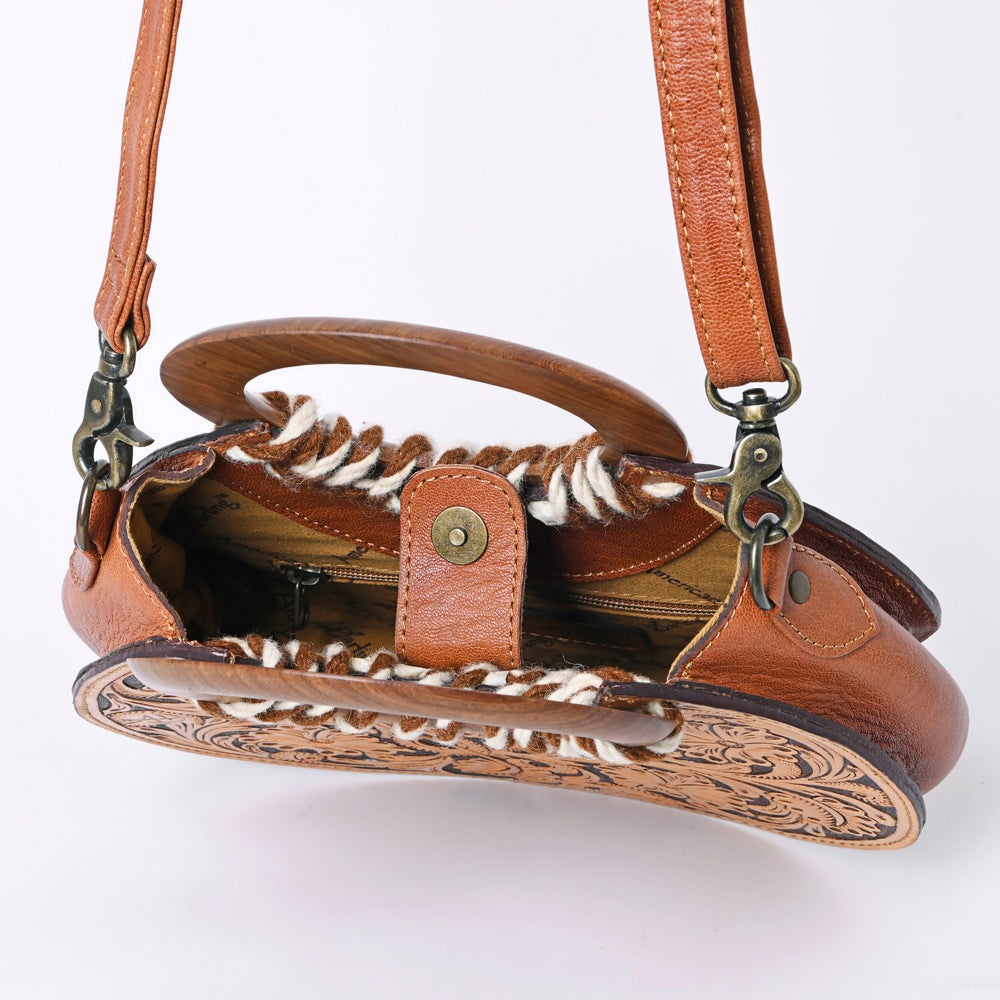 ADBG1227 Clutch Genuine Western Leather Handbag – Genuine Hand Tooled Floral with Round Wooden Handle Women Bag
