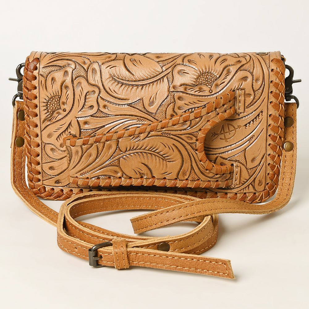 American Darling Western Hand-Tooled Leather Clutch Bag with Floral Carving