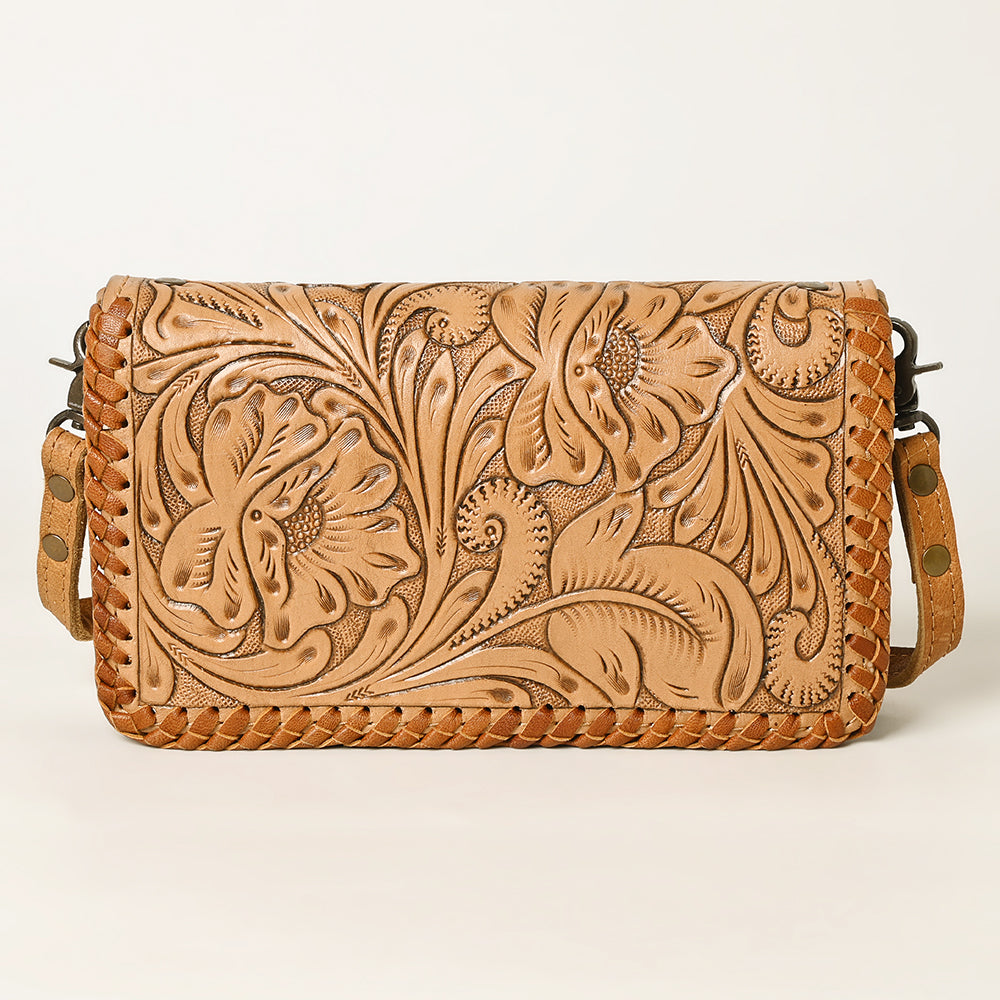 American Darling Western Hand-Tooled Leather Clutch Bag with Floral Carving