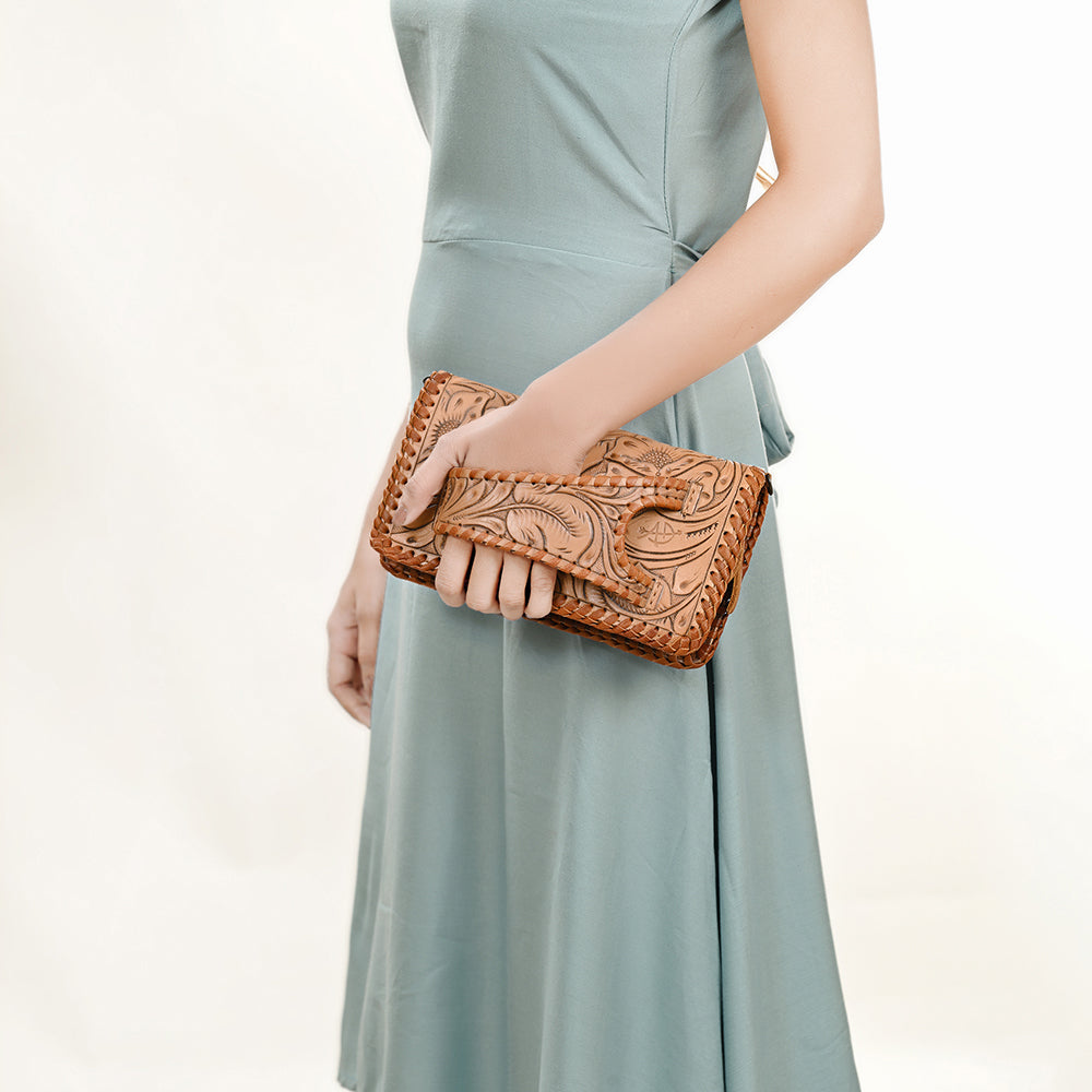 American Darling Western Hand-Tooled Leather Clutch Bag with Floral Carving