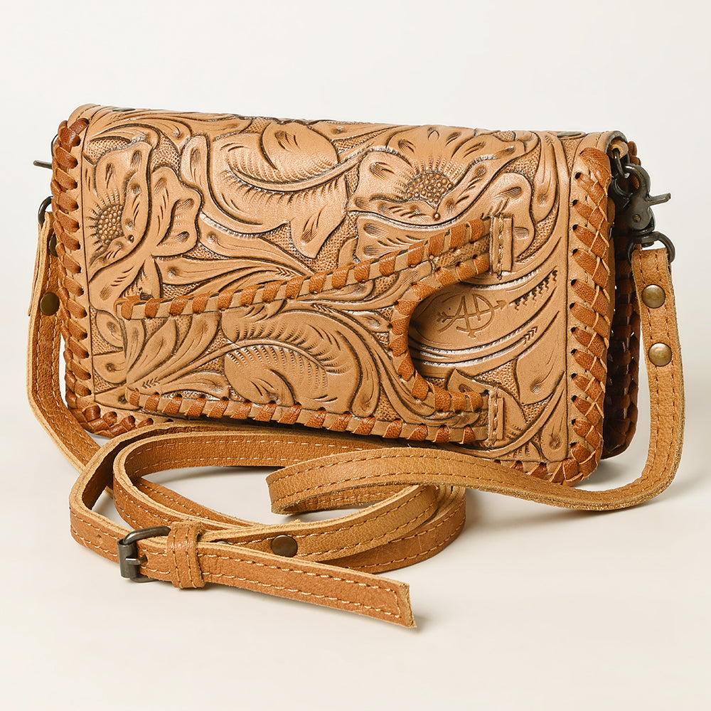 American Darling Western Hand-Tooled Leather Clutch Bag with Floral Carving