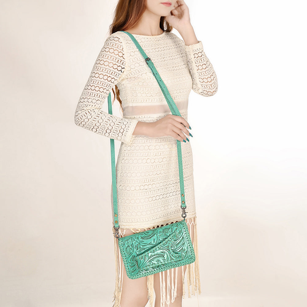 American Darling Western Hand-Tooled Leather Clutch Bag with Floral Carving