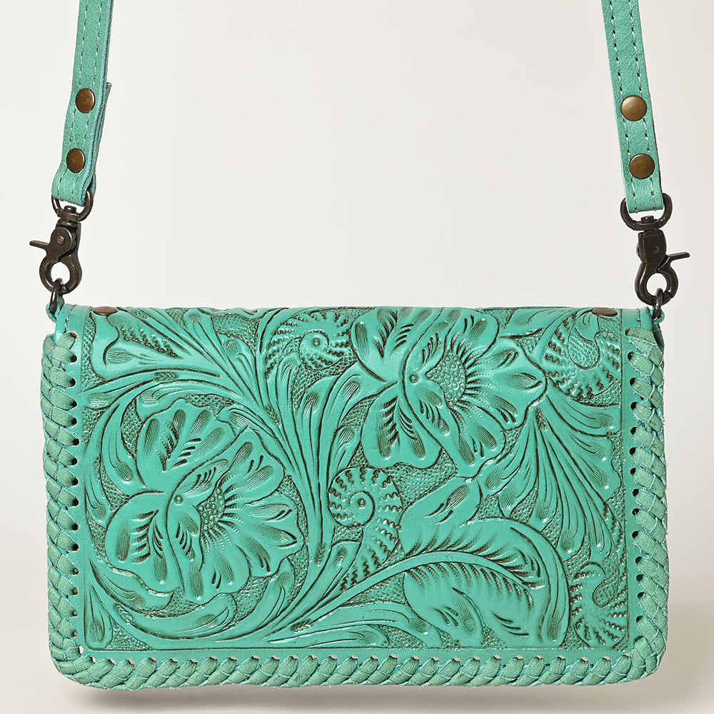 American Darling Western Hand-Tooled Leather Clutch Bag with Floral Carving