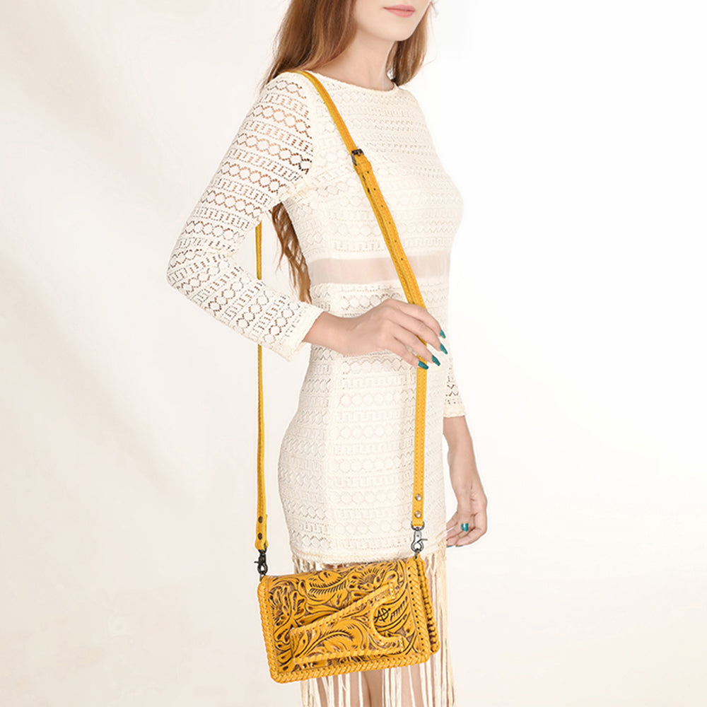 American Darling Western Hand-Tooled Leather Clutch Bag with Floral Carving