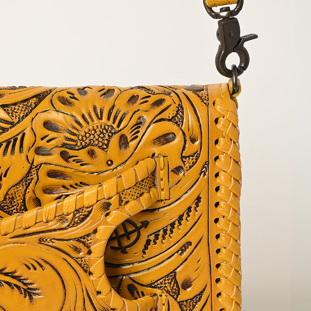 American Darling Western Hand-Tooled Leather Clutch Bag with Floral Carving