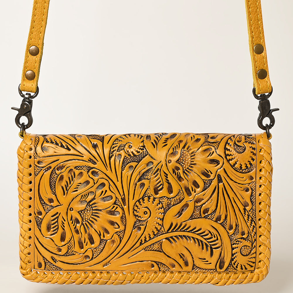 American Darling Western Hand-Tooled Leather Clutch Bag with Floral Carving