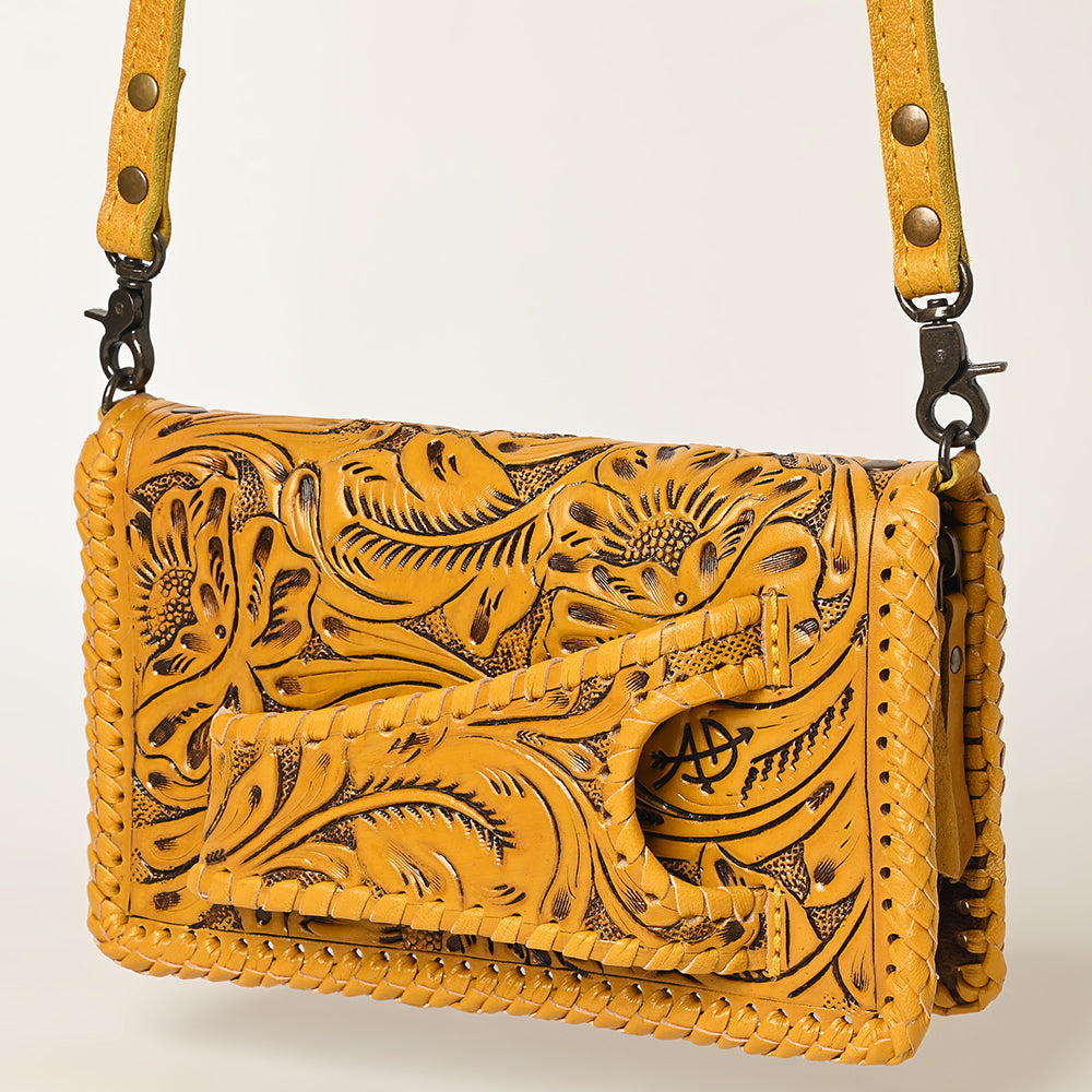 American Darling Western Hand-Tooled Leather Clutch Bag with Floral Carving