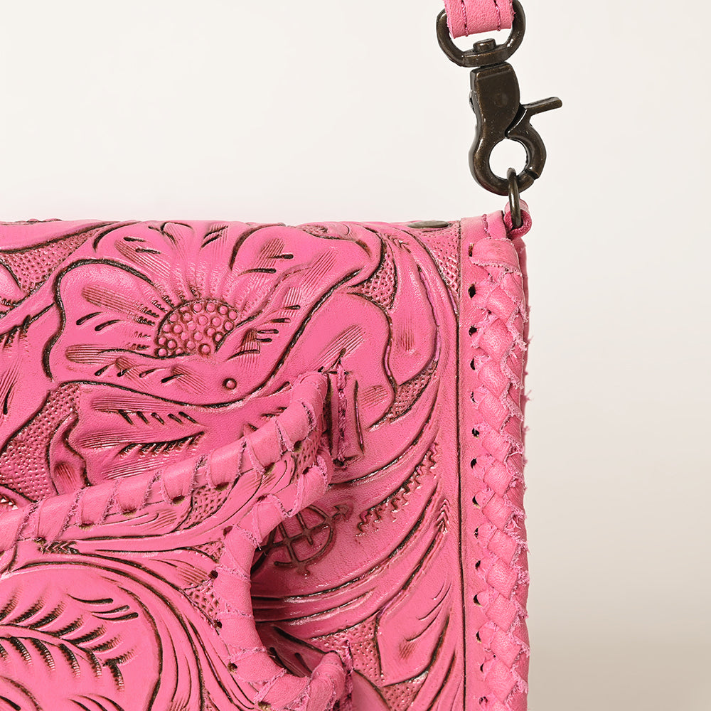 American Darling Western Hand-Tooled Leather Clutch Bag - Pink Floral Carved Crossbody