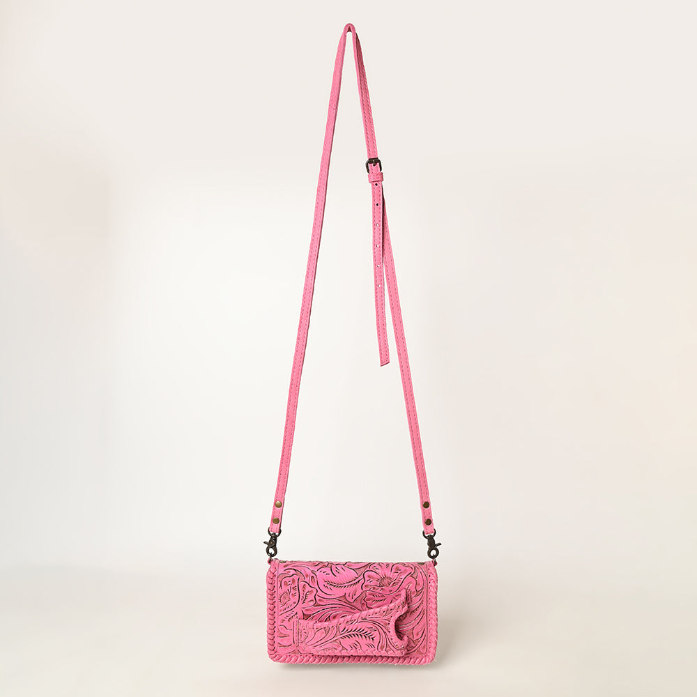 ADBG1228 Pink Hand-Tooled Leather Holster Clutch Bag - Western Floral Design