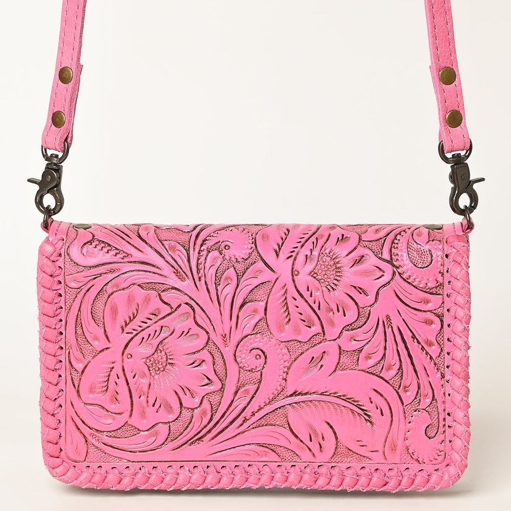 American Darling Western Hand-Tooled Leather Clutch Bag - Pink Floral Carved Crossbody