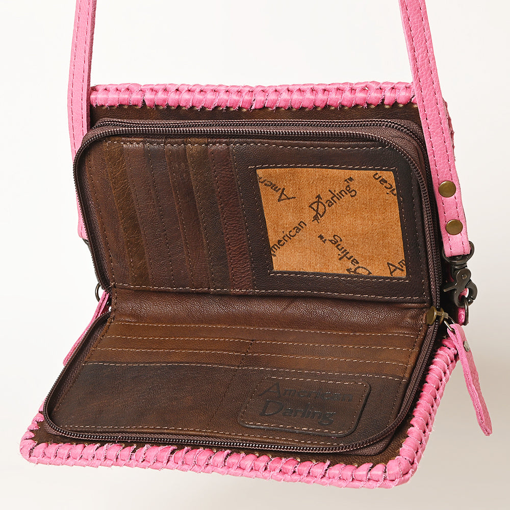 American Darling Western Hand-Tooled Leather Clutch Bag - Pink Floral Carved Crossbody