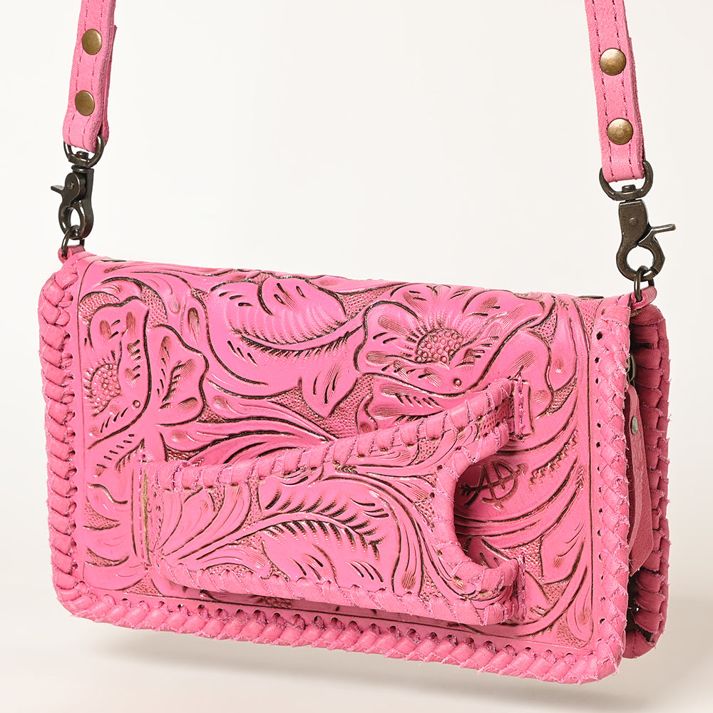American Darling Western Hand-Tooled Leather Clutch Bag - Pink Floral Carved Crossbody