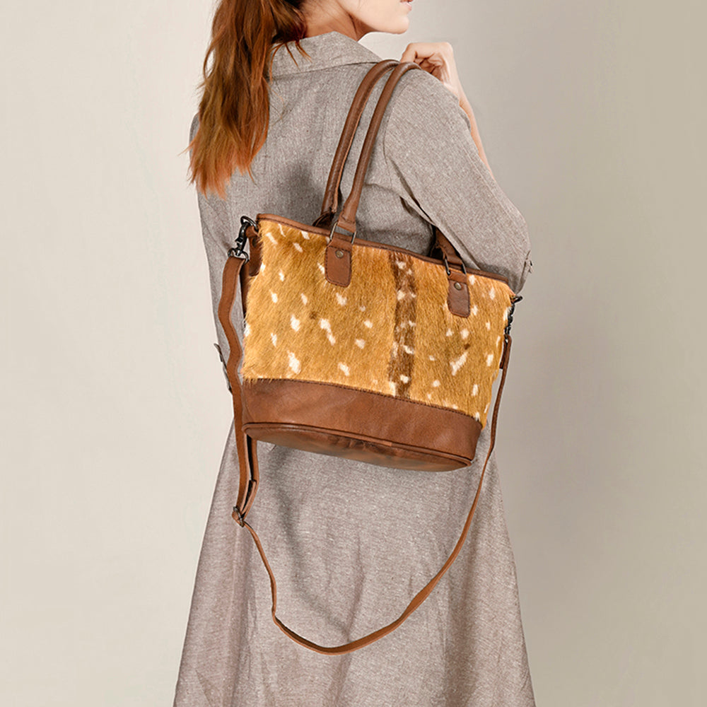 American Darling Western Hair-On Cowhide Tote Bag with Genuine Leather Trim - Handcrafted Tote