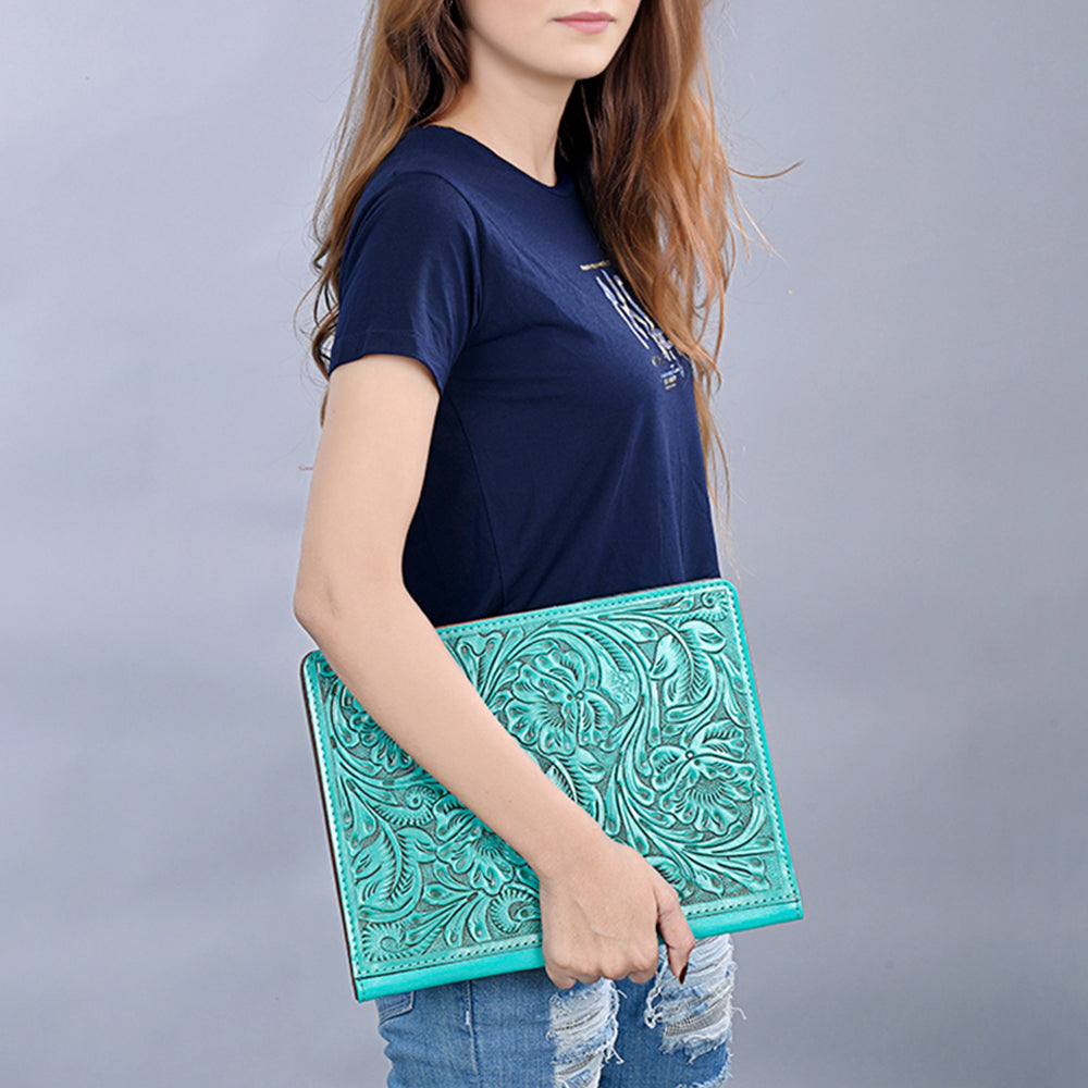 American Darling Western Hand-Tooled Leather Portfolio Bag - Floral Carved Genuine Leather Case