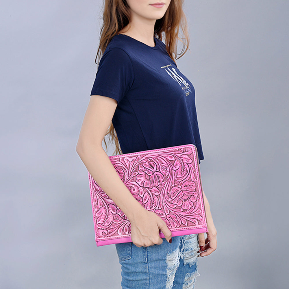 ADBG1232 Pink Hand-Tooled Leather Portfolio - Western Floral Folio Case