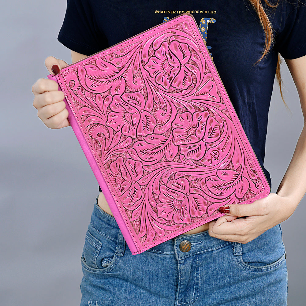 ADBG1232 Pink Hand-Tooled Leather Portfolio - Western Floral Folio Case