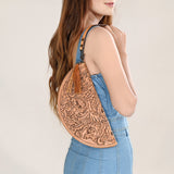 LC-ADBG1233H Hand-Tooled Leather Clutch - Semi-Circle Wristlet with Tassel