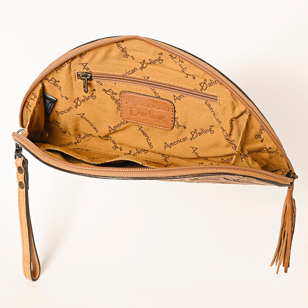 American Darling Hand-Tooled Western Leather Taco Bag - Genuine Floral Carved Designer Wristlet