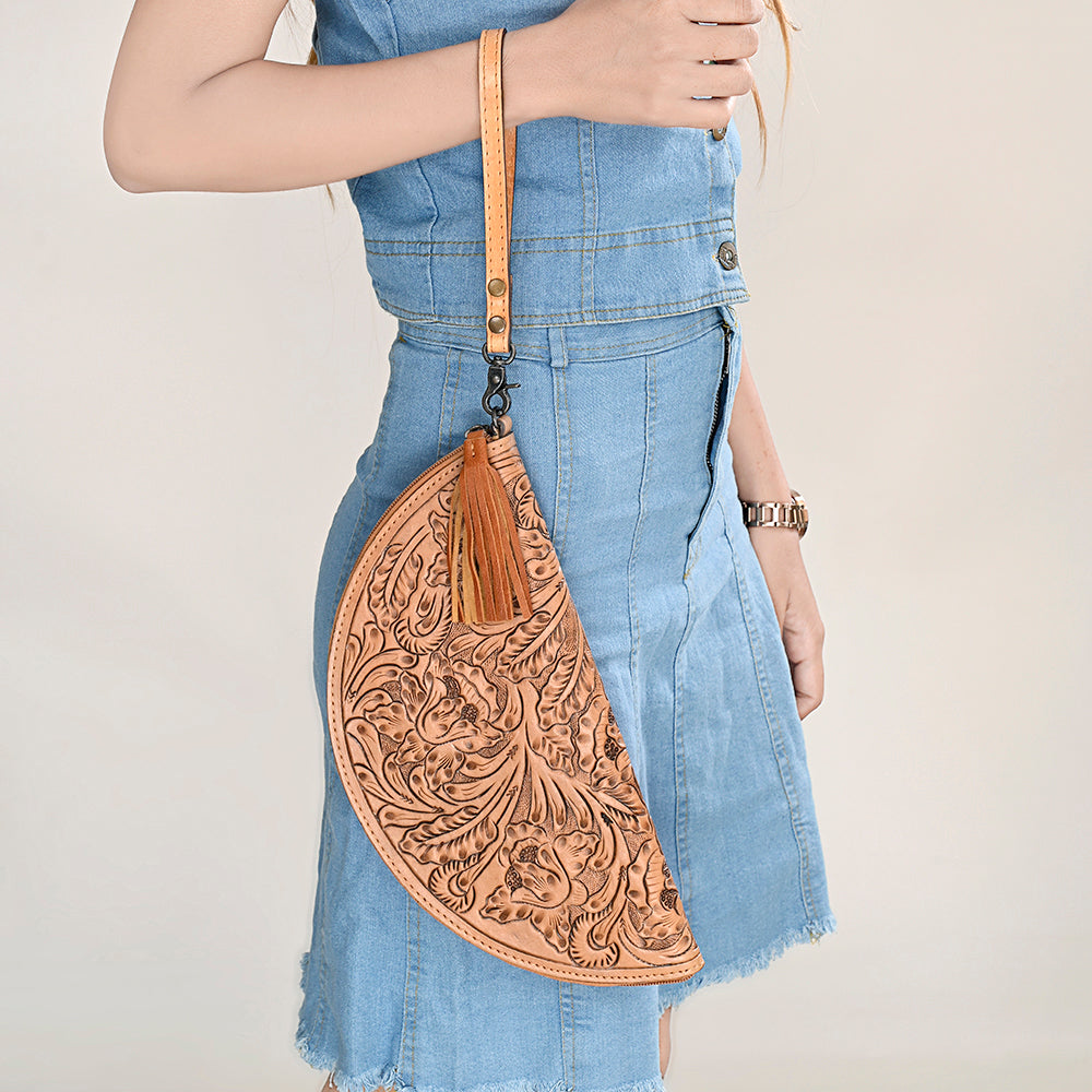 American Darling Hand-Tooled Western Leather Taco Bag - Genuine Floral Carved Designer Wristlet