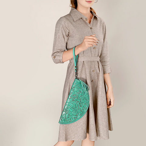 American Darling Hand-Tooled Western Leather Taco Bag - Genuine Floral Carved Designer Wristlet