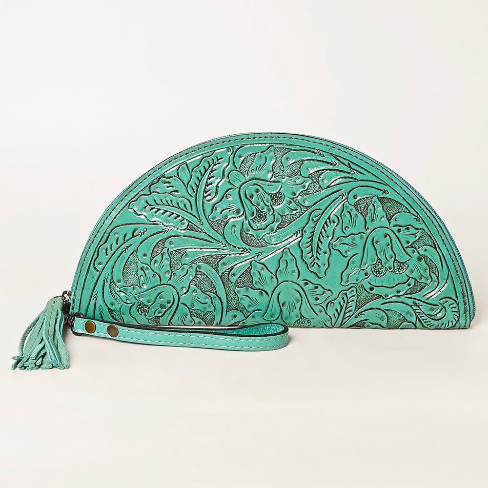 American Darling Hand-Tooled Western Leather Taco Bag - Genuine Floral Carved Designer Wristlet